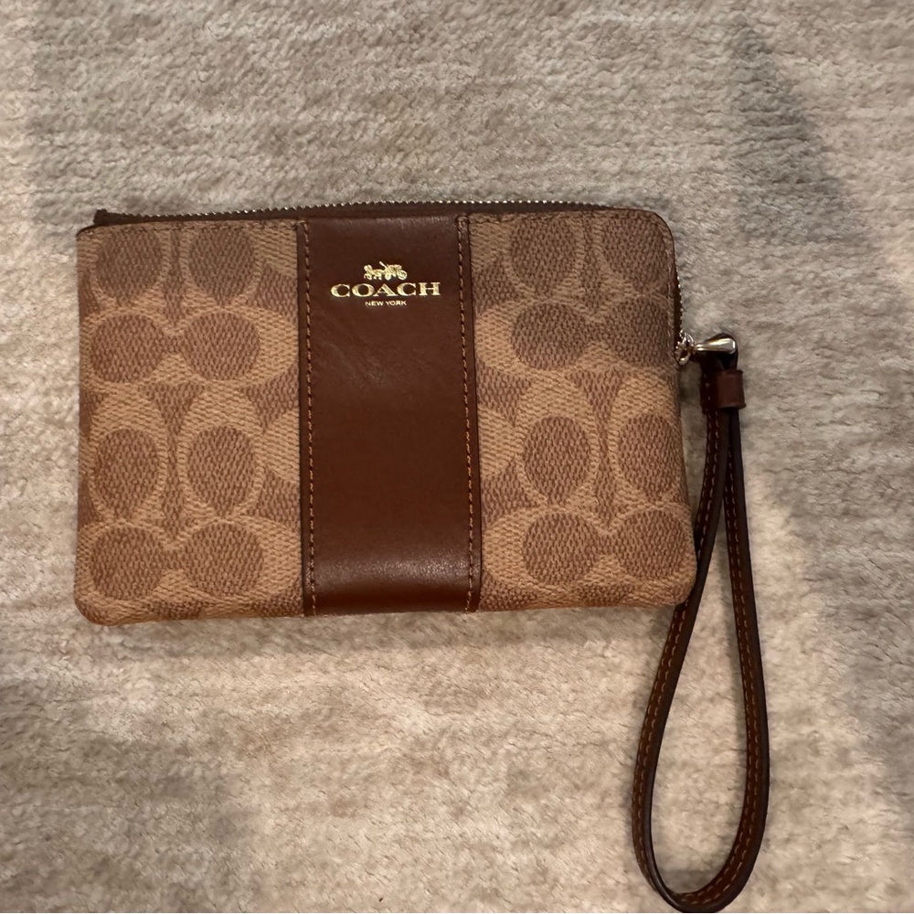 Coach Tan and Brown Signature Wristlet